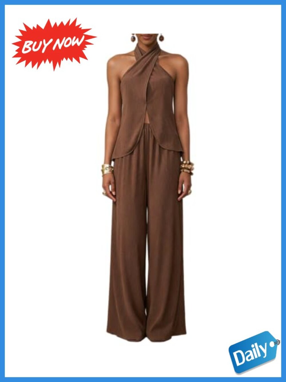 Sleeveless Halter Wrap Vest Top High Waisted Wide Leg Pants Casual Set